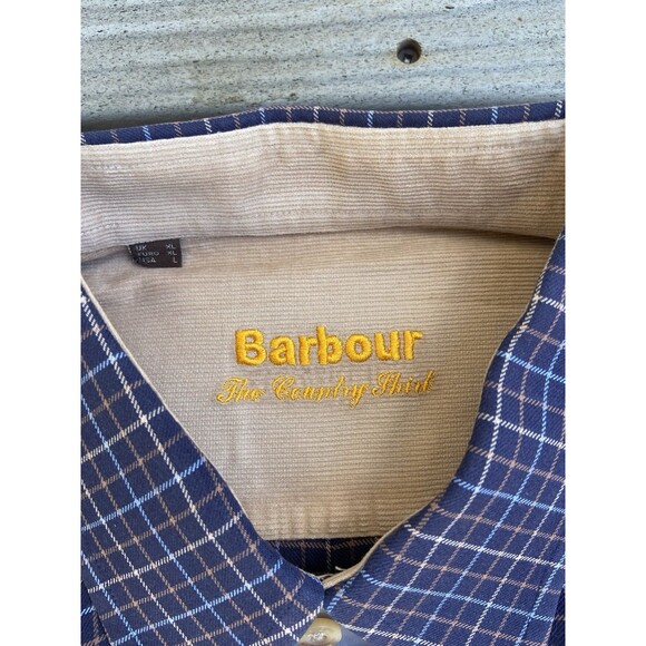Barbour Mens Large Country Check Shirt Navy Blue Tan Plaid Cotton Corduroy Cuffs - Picture 8 of 14